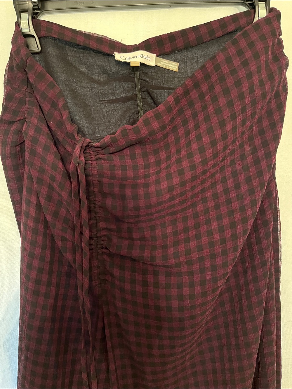 Calvin Klein Burgundy and Black Plaid Midi Wrap Skirt